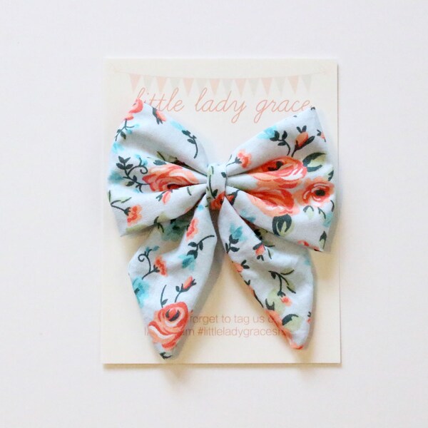 Blue Flowered Sailor Bow- Oversized ponytail bow, pigtail bows, headband, hair clip, baby, girls, kids, adult