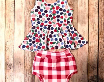 Mixed berries  peplum and red gingham bummies outfit set