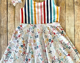 Back to school 1st day twirly dress. ABC preschool kindergarten Toddler and kids school supplies outfit