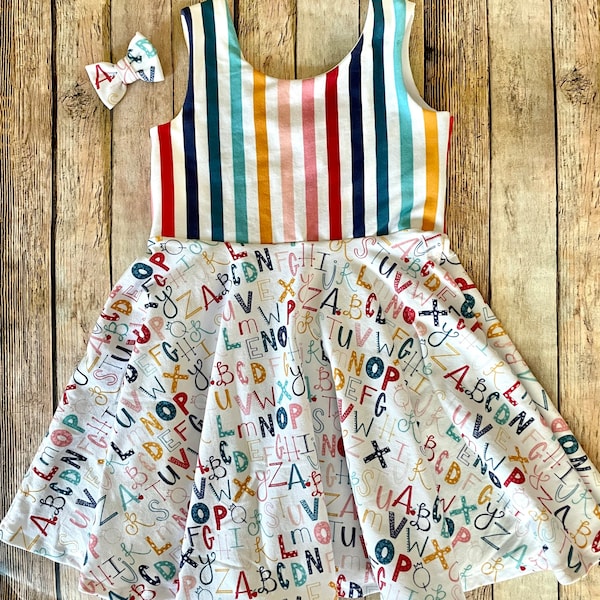 Back to school 1st day twirly dress. ABC preschool kindergarten Toddler and kids school supplies outfit