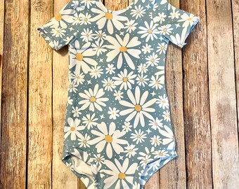 Teal daisy flower power baby boho bodysuit leotard