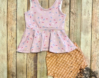 Ice cream cone peplum and bummies outfit set- sprinkle waffle cone baby toddler kids outfit