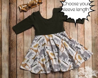 Safari zoo twirly dress and headband giraffes cheetah zebra elephant olive gray toddler and girls circle skirt dress