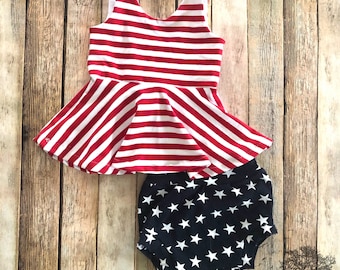 4th of July stars and stripes red white and blue print peplum outfit set