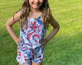 4th of July romper tie dye red white and blue toddler and girls cinch waist one piece