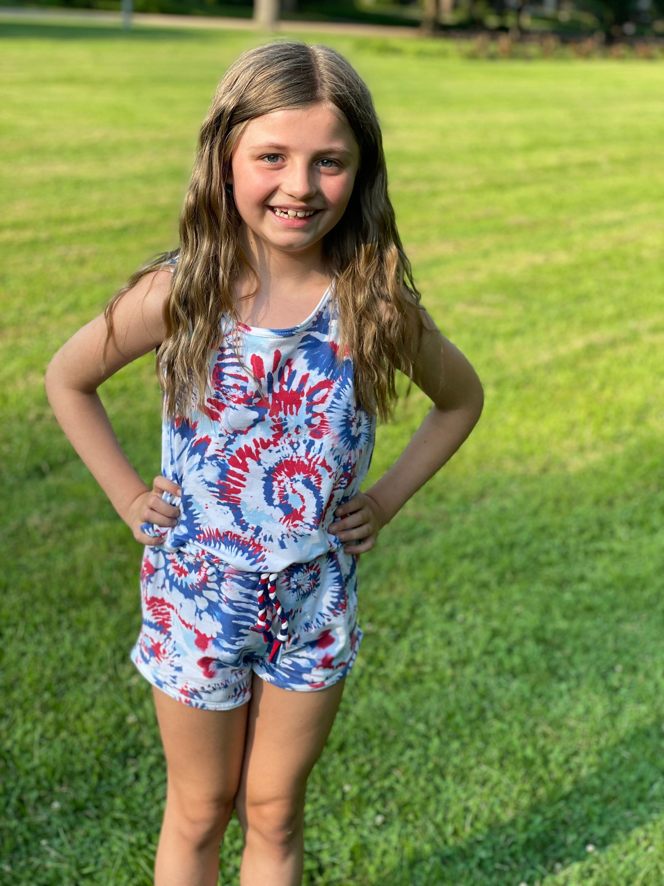 4th of July Romper Tie Dye Red White and Blue Toddler and Girls Cinch Waist One Piece