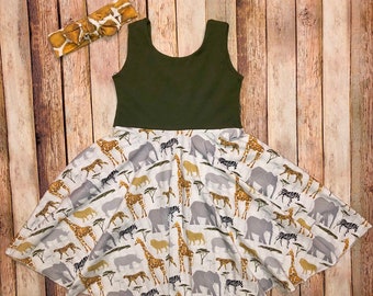 Safari zoo twirly dress- wild giraffes cheetah zebra elephant olive gray toddler and girls circle skirt dress