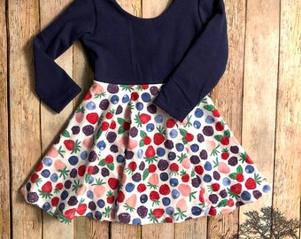 Mixed berry and navy twirly dress- toddler and girls circle skirt- red white fruit dress