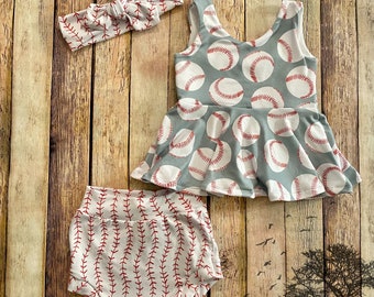 Baseball ball game print peplum outfit set