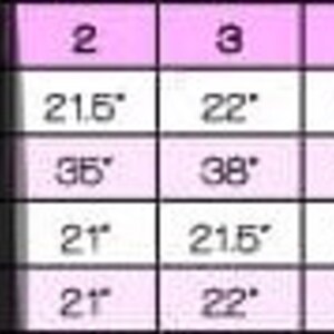 May include: A size chart showing measurements for chest, height, waist, and hips in inches. The chart shows sizes 2 through 7.