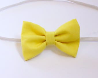 Bright Yellow Cotton Baby Toddler Girl Hair Bow- headband on elastic bow hair clip