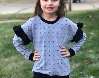 Gray and black monochrome ruffle dolman sweat shirt handsewn girls outfit