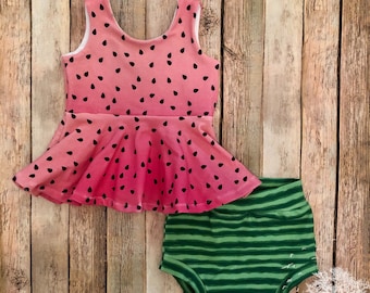 Watermelon peplum and bummies outfit set- sweet summer baby toddler kids watermelon outfit