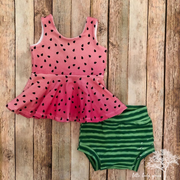 Watermelon peplum and bummies outfit set- sweet summer baby toddler kids watermelon outfit