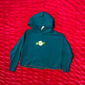 May include: Teal hooded sweatshirt with a small, whimsical snowman design on the front. The bottom hem has a colorful, stitched trim. The sweatshirt is displayed on a textured red background.