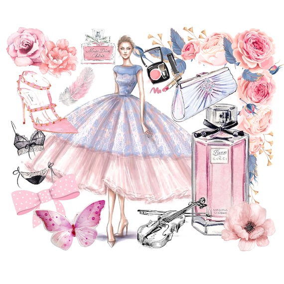 Pink Prom Clip Art Ballroom Dance Purse Watercolor Clipart Butterfly Violin Perfume Heels Shoe Lingerie Flowers Woman Png Art