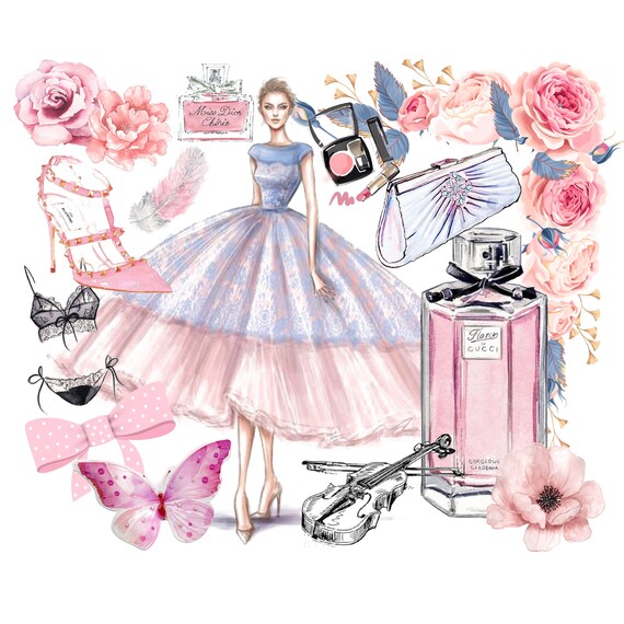 Pink Prom Clip Art Ballroom Dance Purse Watercolor Clipart Butterfly Violin Perfume Heels Shoe Lingerie Flowers Woman Png Art