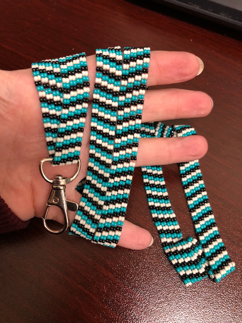 black and white beaded peyote lanyard Teal