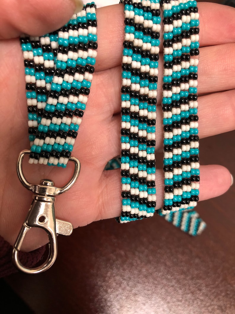 black and white beaded peyote lanyard Teal