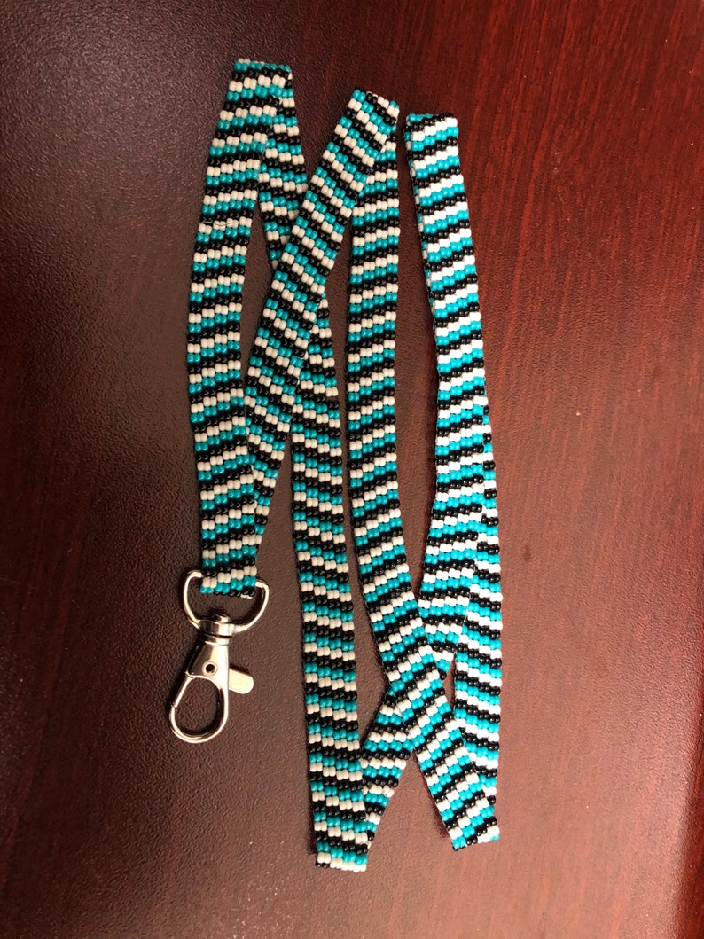 black and white beaded peyote lanyard Teal