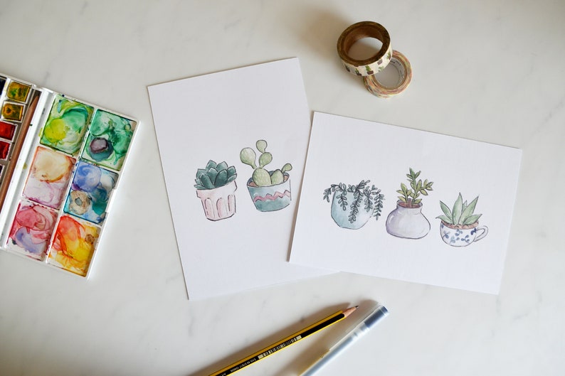 Set of 2 5 x 7 Giclee Prints Potted Succulents and Cacti Watercolor Illustration