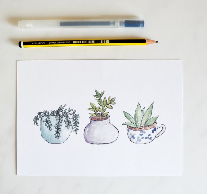Set of 2 5 x 7 Giclee Prints Potted Succulents and Cacti Watercolor Illustration