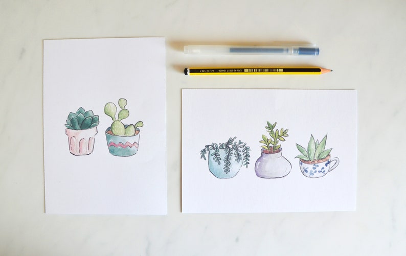 Set of 2 5 x 7 Giclee Prints Potted Succulents and Cacti Watercolor Illustration