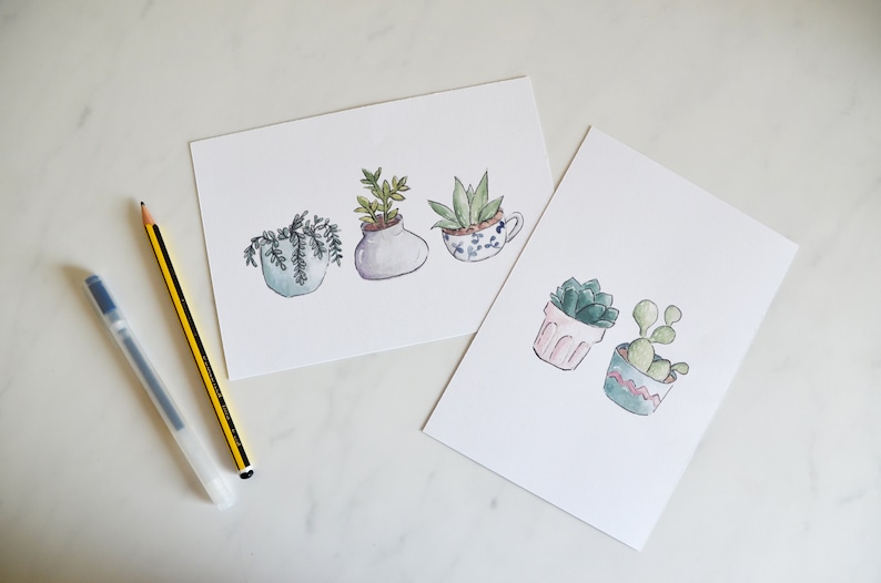 Set of 2 5 x 7 Giclee Prints Potted Succulents and Cacti Watercolor Illustration
