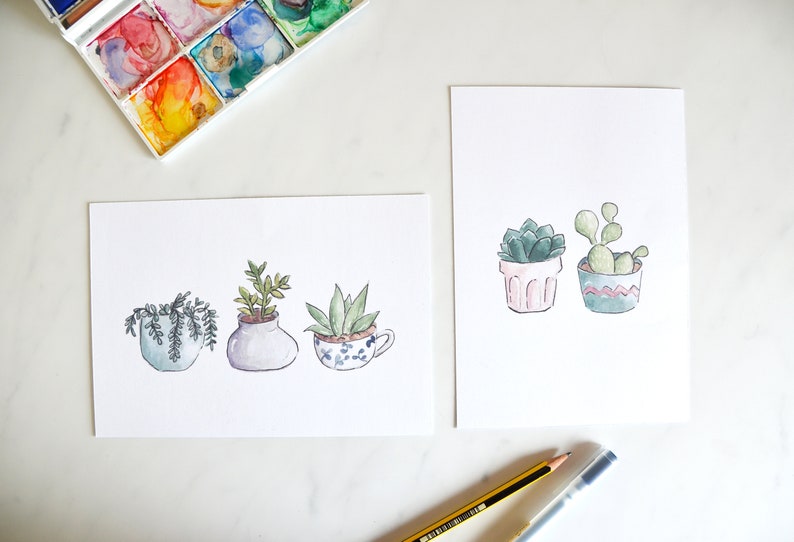 Set of 2 5 x 7 Giclee Prints Potted Succulents and Cacti Watercolor Illustration