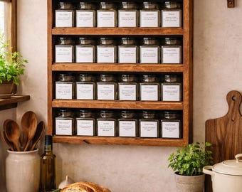 Handmade Rustic Apothecary Style Spice Rack with 12oz Square Glass Jars
