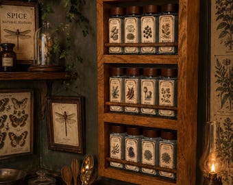 Victorian Specimen Themed spice Rack Gift Set | Personalised Glass Spice Jars | Solid Oak Wall Mounted Shelf | Curiosity