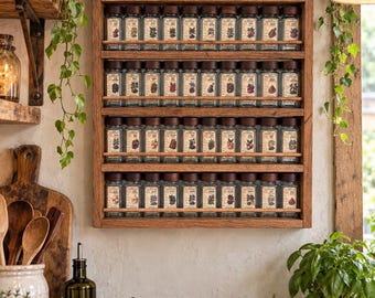 Vintage Natural History Spice Rack | Museum Style Herb & Spice Jars | Rustic Reclaimed Oak Kitchen Storage | Botanical Spice Collection