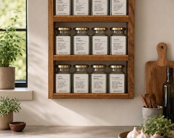 Apothecary Inspired Spice & Herb Rack | Solid Oak Wall Mounted with 12 8oz Glass Jars | Vintage Kitchen Decor | Handmade Gift
