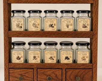 Handmade Oak Spice Rack with Drawers | Rustic Wooden Spice Storage | Vintage Apothecary Kitchen Organiser