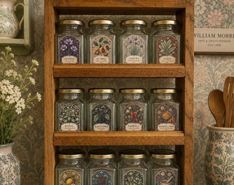 William Morris Inspired Spice & Herb Rack | Solid Oak Wall Mounted with 12 Glass Jars | Botanical Kitchen Decor | Handmade Gift