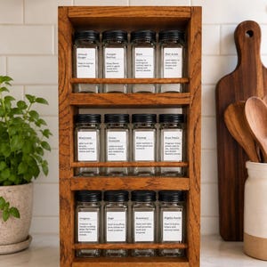 May include: A three-tiered wooden spice rack holding twelve clear glass jars with black lids. Each jar features a white label with the spice name and a brief description. The spices include Ground Ginger, Juniper Berries, Mace, Star Anise, Marjoram, Onion Granules, Nutmeg, Rose Petals, Oregano, Sage, Rosemary, and Nigella Seeds.