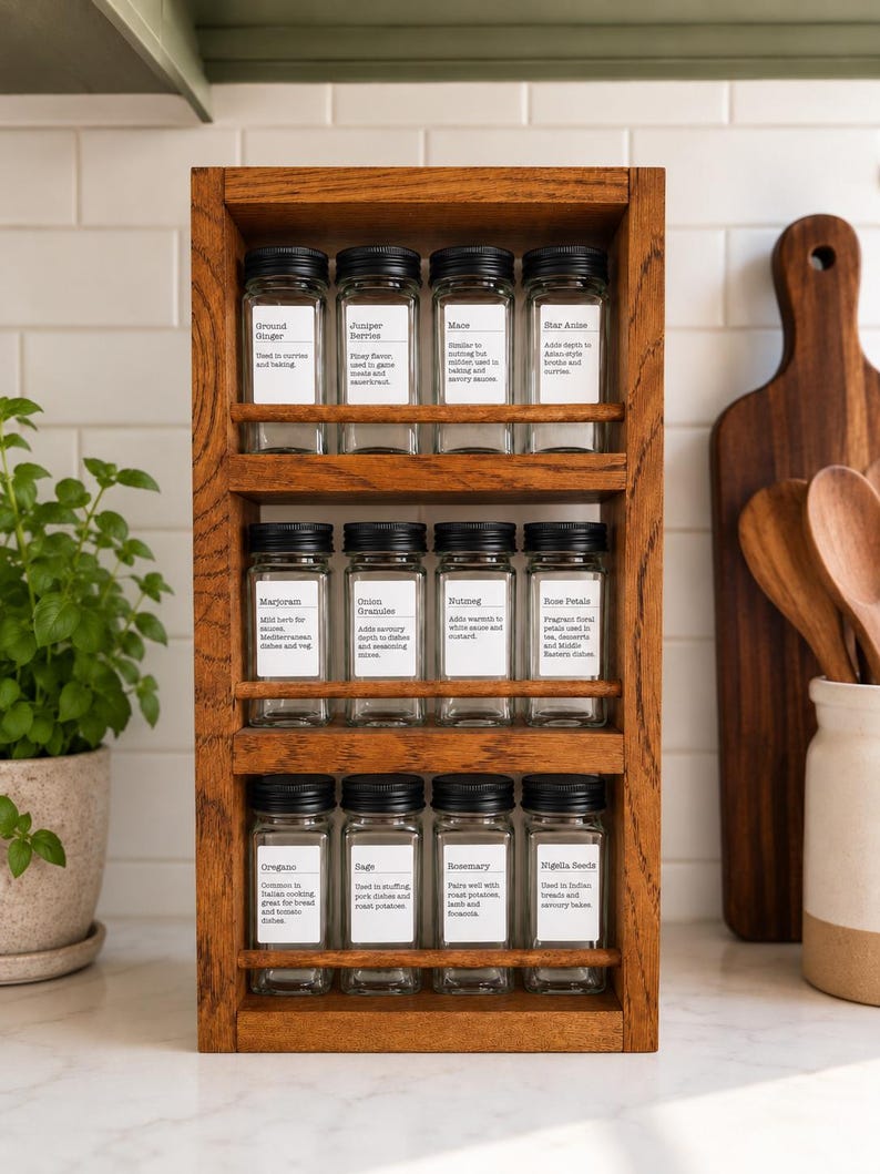 May include: A three-tiered wooden spice rack holding twelve clear glass jars with black lids. Each jar features a white label with the spice name and a brief description. The spices include Ground Ginger, Juniper Berries, Mace, Star Anise, Marjoram, Onion Granules, Nutmeg, Rose Petals, Oregano, Sage, Rosemary, and Nigella Seeds.