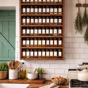 May include: A wall-mounted wooden spice rack featuring six horizontal shelves, each holding a row of clear glass jars with dark brown lids and white labels. The rack is constructed from dark wood and is positioned on a white tiled kitchen wall.