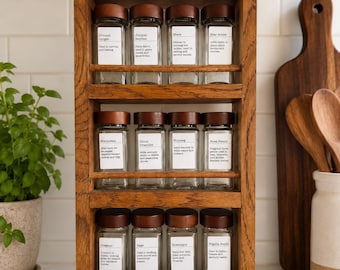 Handmade Oak Spice Rack with 12 Glass Jars & Labels | Rustic Wall Mounted Spice Rack | Choice of Labels!