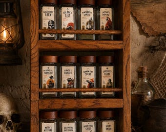 Pirate Spice Rack Gift Set | Personalised Glass Spice Jars | Solid Oak Wall Mounted Shelf | Unique Gift for Fathers Day