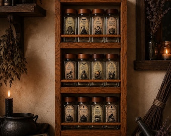 Witchy Gothic Spice Rack Gift Set | Personalised Glass Spice Jars | Solid Oak Wall Mounted Shelf | Witchcore
