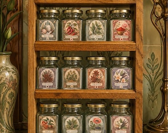 Art Nouveau Spice Rack with 12 Glass Spice Jars | Solid Oak Wall Mounted Spice Shelf | Botanical Kitchen Storage | Cottagecore Pantry Decor