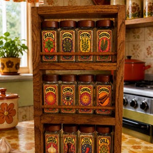 1960's Psychedelic Themed Spice Rack Gift Set | Personalised Glass Spice Jars | Solid Oak Wall Mounted Shelf | Pick your labels!