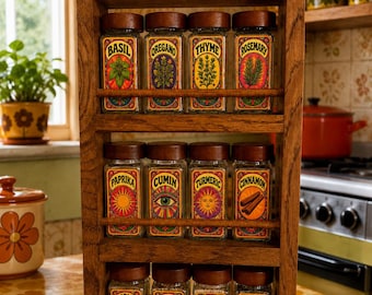 1960's Psychedelic Themed Spice Rack Gift Set | Personalised Glass Spice Jars | Solid Oak Wall Mounted Shelf | Pick your labels!