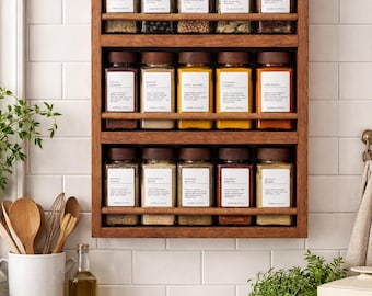 Handmade Reclaimed Wood Spice Rack | Apothecary Jars & Labels