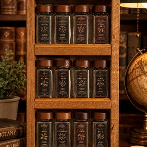 Spice Library Books Themed Spice Rack Gift Set | Personalised Glass Spice Jars | Solid Oak Wall Mounted Shelf | Pick your labels!