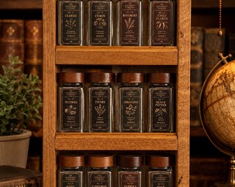 Spice Library Books Themed Spice Rack Gift Set | Personalised Glass Spice Jars | Solid Oak Wall Mounted Shelf | Pick your labels!