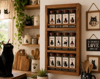 Mischievous Cats Themed Spice Rack Gift Set | Personalised Glass Spice Jars | Solid Oak Wall Mounted Shelf | Pick your labels!