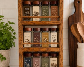 Modern Spice Themed Spice Rack Gift Set | Personalised Glass Spice Jars | Solid Oak Wall Mounted Shelf | Pick your labels!
