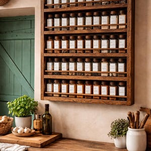 May include: A wall-mounted wooden spice rack featuring five horizontal shelves. Each shelf holds nine clear glass spice jars with dark brown lids and white rectangular labels. The rack is constructed from dark stained wood with a simple frame design.